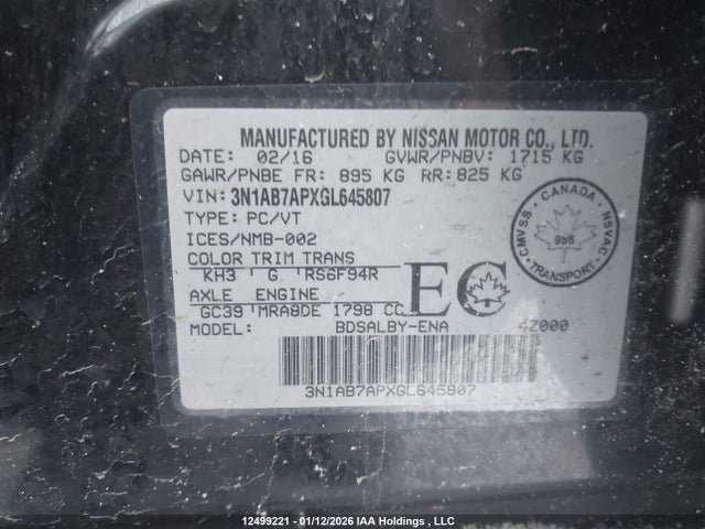 2016 Nissan Sentra S/sv/sr/sl მანქანა იყიდება აუქციონზე, vin: 3N1AB7APXGL645807, აუქციონის ნომერი: 12499221