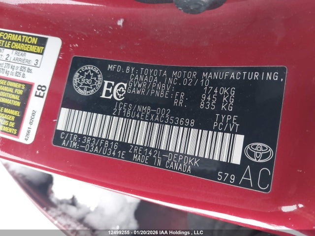 2010 Toyota Corolla Ce მანქანა იყიდება აუქციონზე, vin: 2T1BU4EEXAC353698, აუქციონის ნომერი: 12499255