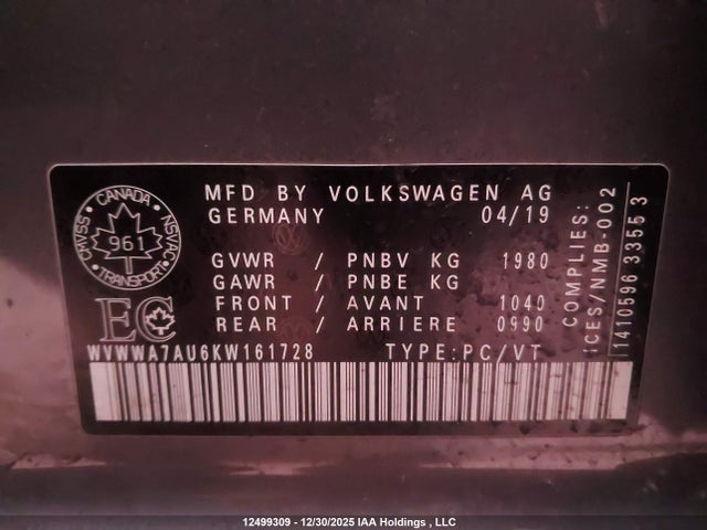 WVWWA7AU6KW161728 Volkswagen Golf R 2.0 Tsi