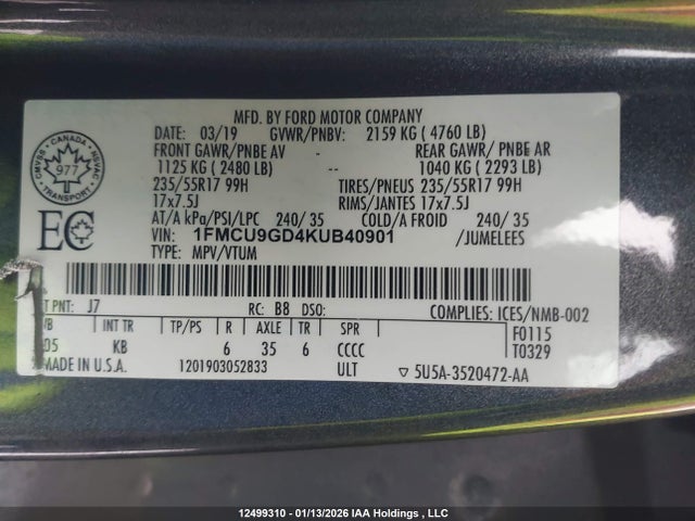 Продаж на аукціоні авто 2019 Ford Escape Se, vin: 1FMCU9GD4KUB40901, номер лоту: 12499310