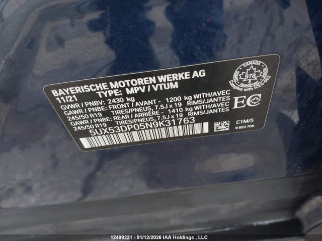 Aukcja sprzedaży 2022 Bmw X3 Xdrive30i, vin: 5UX53DP05N9K31763, numer aukcji: 12499321