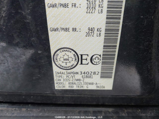 1N4AL3AP6HN340282 Nissan Altima 2.5/s/sv/sl/sr