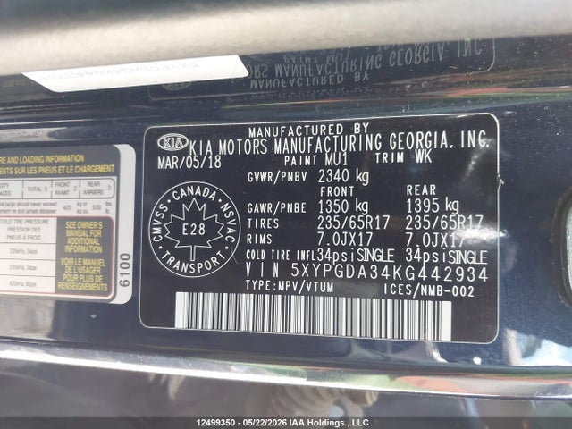 5XYPGDA34KG442934 KIA Sorento L/lx