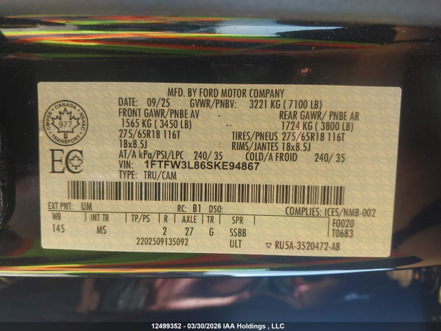 Aukcja sprzedaży 2025 Ford F150 Xlt, vin: 1FTFW3L86SKE94867, numer aukcji: 12499352
