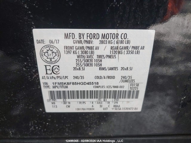 1FM5K8F85HGD45518 Ford Explorer Limited