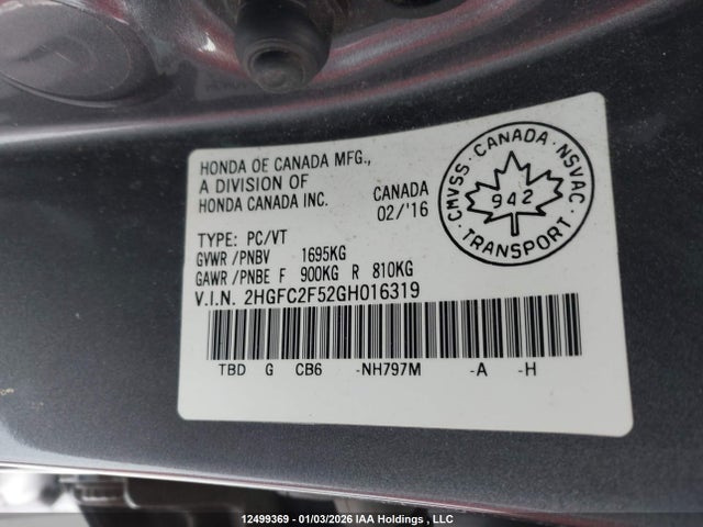 12499369 :رقم المزاد ، 2HGFC2F52GH016319 vin ، 2016 Honda Civic Lx مزاد بيع