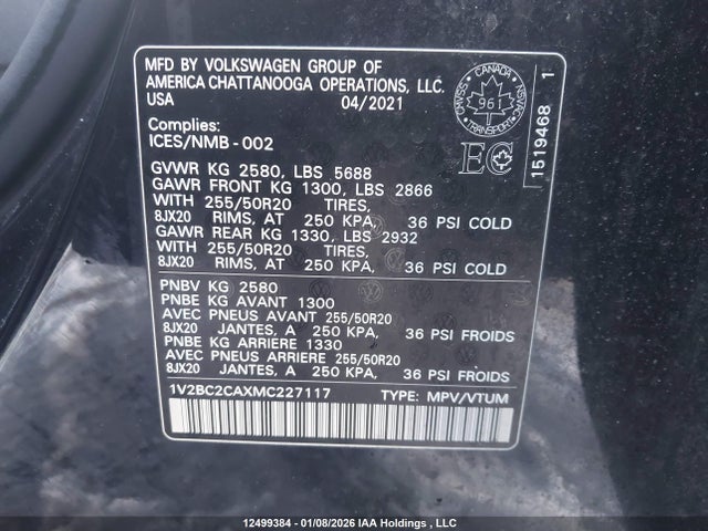 1V2BC2CAXMC227117 Volkswagen Atlas Cross Sport Sel