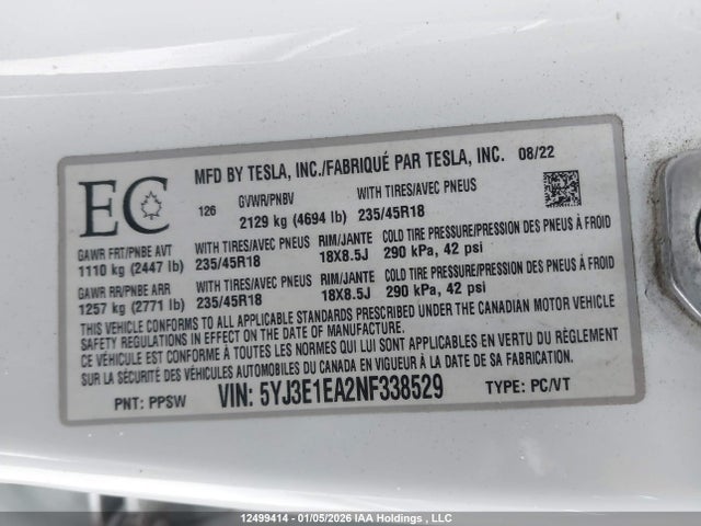 Aukcja sprzedaży 2022 Tesla Model 3 Rwd/standard Range, vin: 5YJ3E1EA2NF338529, numer aukcji: 12499414