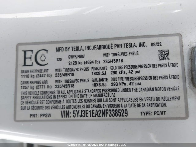 Aukcja sprzedaży 2022 Tesla Model 3 Rwd/standard Range, vin: 5YJ3E1EA2NF338529, numer aukcji: 12499414