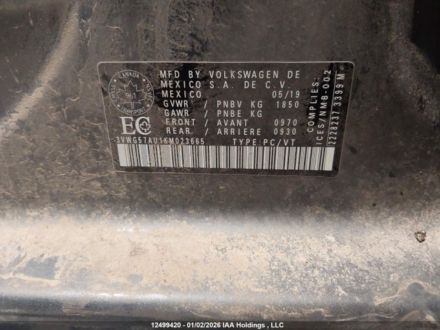 3VWG57AU1KM023665 Volkswagen GOLF S/SE