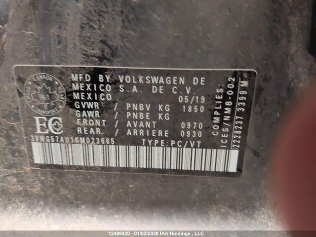 3VWG57AU1KM023665 Volkswagen GOLF S/SE