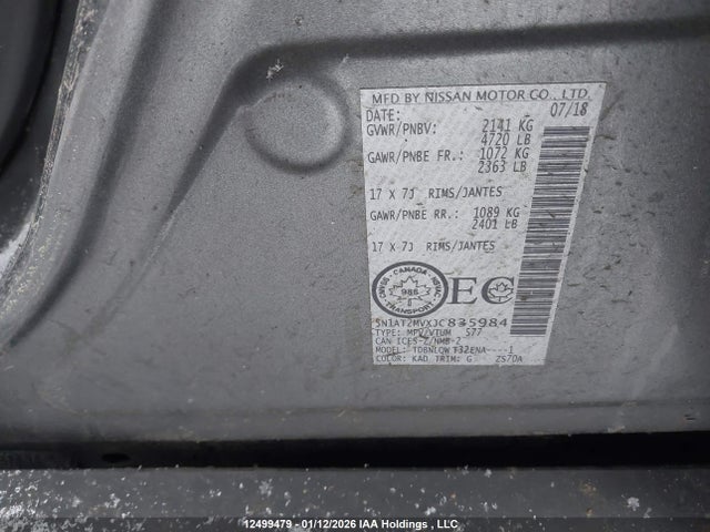 2018 Nissan Rogue მანქანა იყიდება აუქციონზე, vin: 5N1AT2MVXJC835984, აუქციონის ნომერი: 12499479