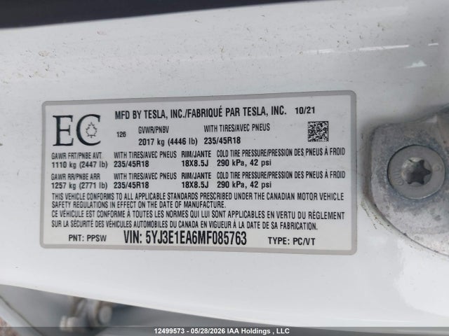 2021 Tesla Model 3 Standard Range/standard Range Plus მანქანა იყიდება აუქციონზე, vin: 5YJ3E1EA6MF085763, აუქციონის ნომერი: 12499573