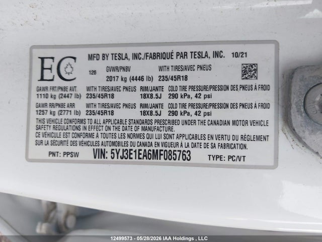 2021 Tesla Model 3 Standard Range/standard Range Plus მანქანა იყიდება აუქციონზე, vin: 5YJ3E1EA6MF085763, აუქციონის ნომერი: 12499573