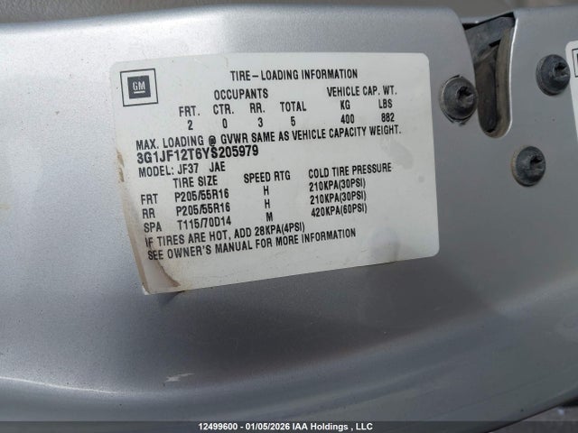 Aukcja sprzedaży 2000 Chevrolet Cavalier Z24, vin: 3G1JF12T6YS205979, numer aukcji: 12499600