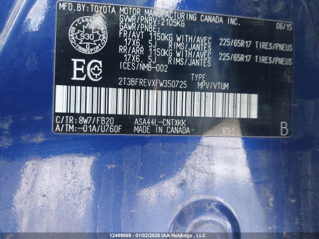 2015 Toyota Rav4 Le მანქანა იყიდება აუქციონზე, vin: 2T3BFREVXFW350725, აუქციონის ნომერი: 12499668