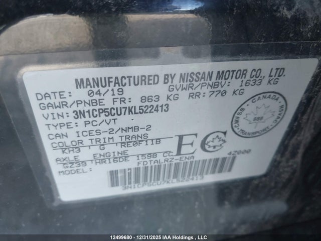 3N1CP5CU7KL522413 Nissan Kicks S/sr/sv