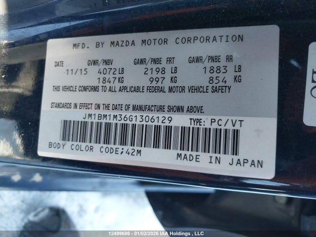 12499686 :رقم المزاد ، JM1BM1M36G1306129 vin ، 2016 Mazda Mazda3 Gt مزاد بيع