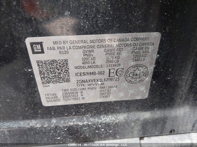 2020 Chevrolet Equinox Lt მანქანა იყიდება აუქციონზე, vin: 2GNAXVEX1L6209723, აუქციონის ნომერი: 12499714