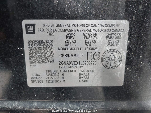2020 Chevrolet Equinox Lt მანქანა იყიდება აუქციონზე, vin: 2GNAXVEX1L6209723, აუქციონის ნომერი: 12499714