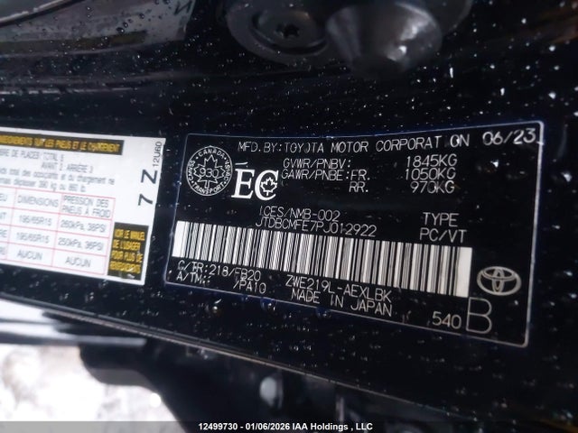 2023 Toyota Corolla Hybrid Le მანქანა იყიდება აუქციონზე, vin: JTDBCMFE7PJ012922, აუქციონის ნომერი: 12499730
