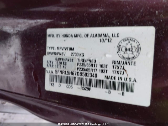 Aukcja sprzedaży 2013 Honda Odyssey Exl, vin: 5FNRL5H67DB502340, numer aukcji: 12499731