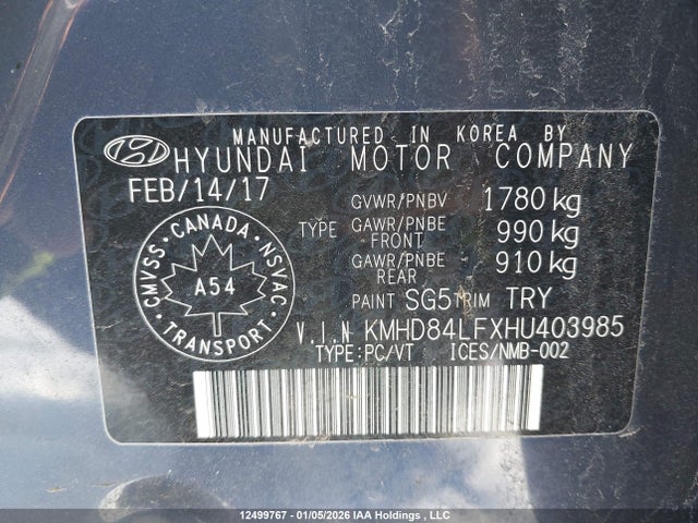 KMHD84LFXHU403985 Hyundai Elantra Gls