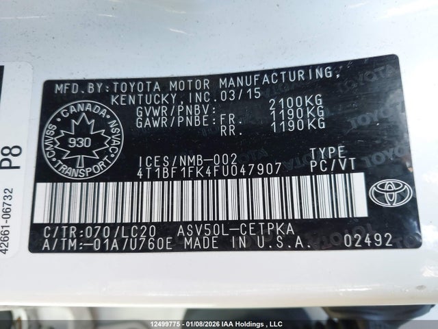 Aukcja sprzedaży 2015 Toyota Camry Le/xle/se/xse, vin: 4T1BF1FK4FU047907, numer aukcji: 12499775