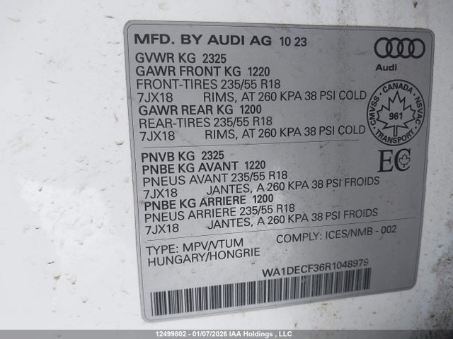 12499802 :رقم المزاد ، WA1DECF36R1048979 vin ، 2024 Audi Q3 45 Komfort مزاد بيع