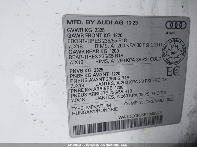 12499802 :رقم المزاد ، WA1DECF36R1048979 vin ، 2024 Audi Q3 45 Komfort مزاد بيع