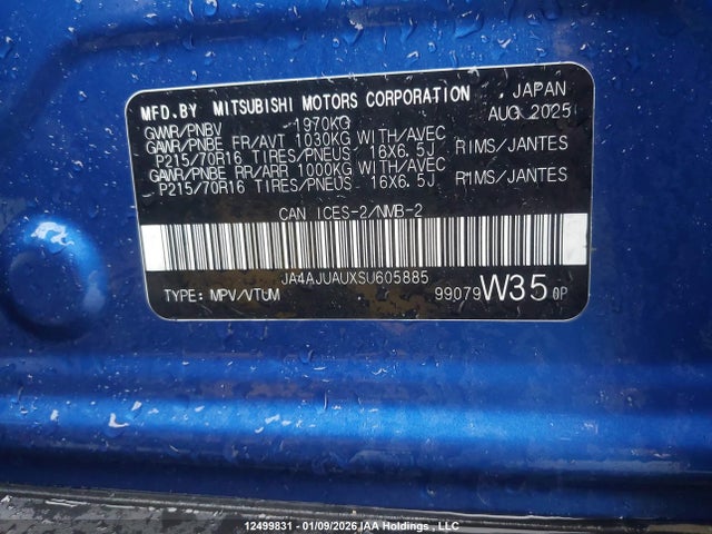 2025 Mitsubishi Rvr Es მანქანა იყიდება აუქციონზე, vin: JA4AJUAUXSU605885, აუქციონის ნომერი: 12499831