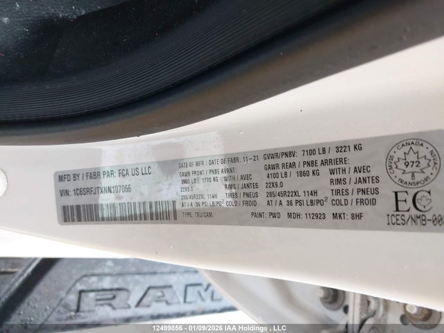 Aukcja sprzedaży 2022 Ram 1500 Laramie, vin: 1C6SRFJTXNN107066, numer aukcji: 12499856