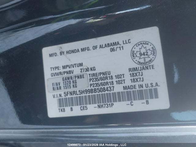 Aukcja sprzedaży 2011 Honda Odyssey Touring, vin: 5FNRL5H99BB508437, numer aukcji: 12499873