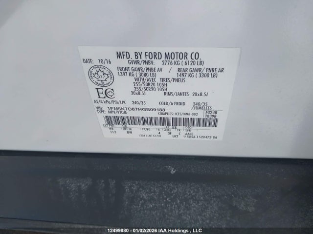 1FM5K7D87HGB09188 Ford EXPLORER XLT