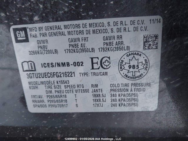 3GTU2UEC6FG216221 GMC Sierra K1500 Sle