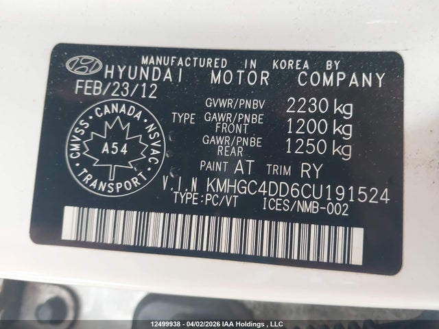 Продаж на аукціоні авто 2012 Hyundai Genesis, vin: KMHGC4DD6CU191524, номер лоту: 12499938