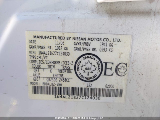 Auction sale of the 2007 Nissan Altima 2.5 S, vin: 1N4AL21E27C124030, lot number: 12499970