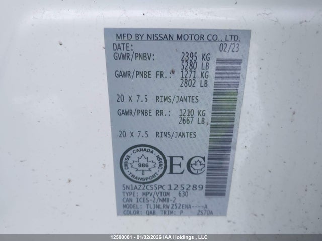 Продаж на аукціоні авто 2023 Nissan Murano Midnight Edition/sl, vin: 5N1AZ2CS5PC125289, номер лоту: 12500001