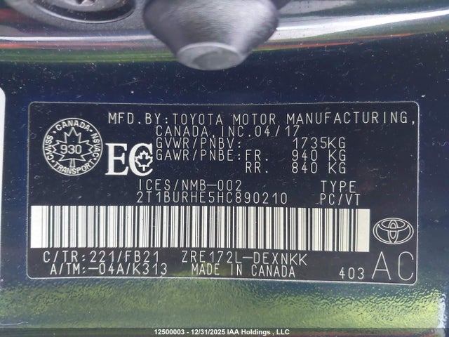 2T1BURHE5HC890210 Toyota Corolla L/le/xle/se/xse