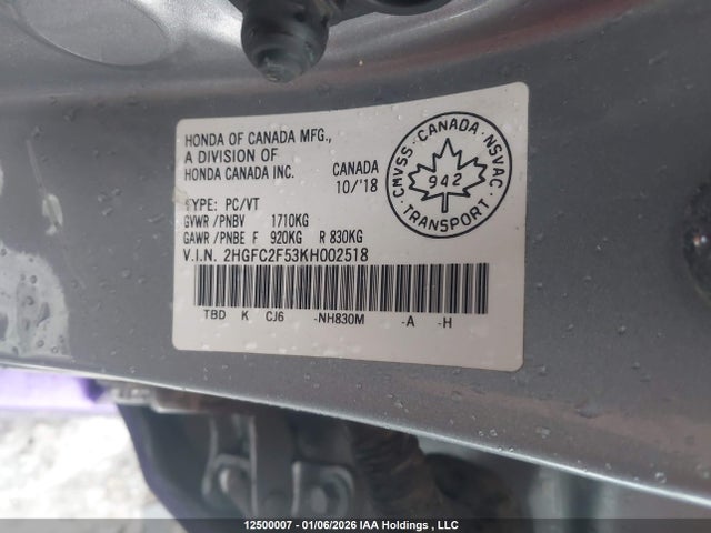 Продаж на аукціоні авто 2019 Honda Civic Lx, vin: 2HGFC2F53KH002518, номер лоту: 12500007