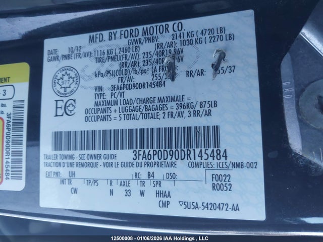 Aukcja sprzedaży 2013 Ford Fusion Titanium, vin: 3FA6P0D90DR145484, numer aukcji: 12500008