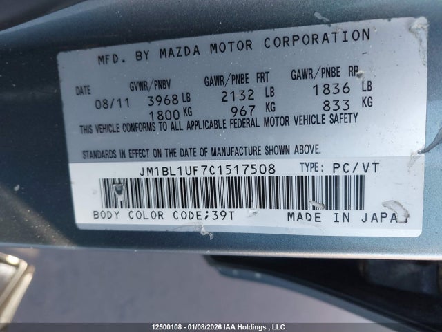 Aukcja sprzedaży 2012 Mazda Mazda3, vin: JM1BL1UF7C1517508, numer aukcji: 12500108