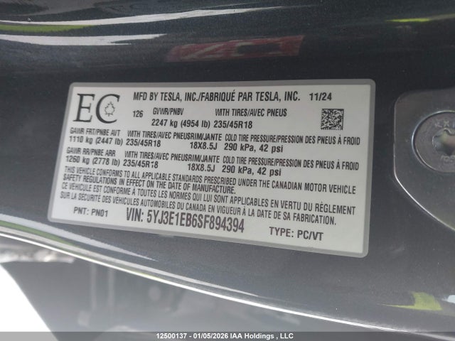 Aukcja sprzedaży 2025 Tesla Model 3 Long Range, vin: 5YJ3E1EB6SF894394, numer aukcji: 12500137
