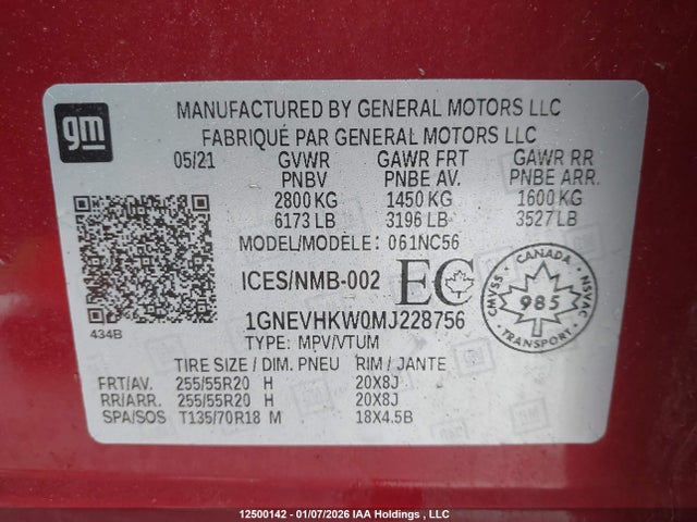 1GNEVHKW0MJ228756 Chevrolet Traverse Lt True North