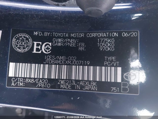 12500171 :رقم المزاد ، JTDBAMDEXMJ007119 vin ، 2021 Toyota Corolla مزاد بيع