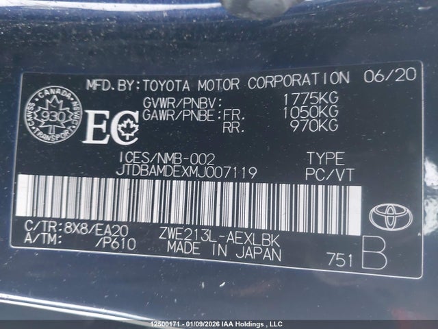 12500171 :رقم المزاد ، JTDBAMDEXMJ007119 vin ، 2021 Toyota Corolla مزاد بيع