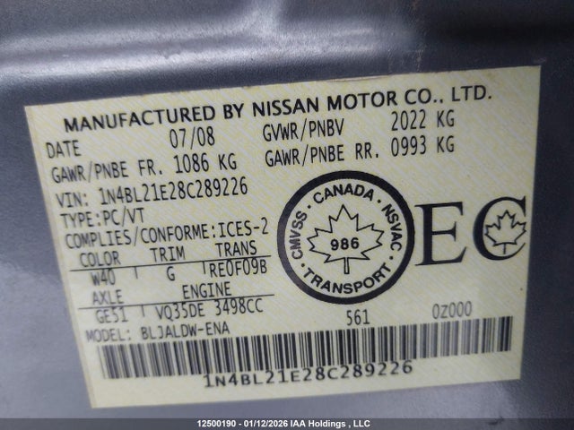 Aukcja sprzedaży 2008 Nissan Altima 3.5 Sl, vin: 1N4BL21E28C289226, numer aukcji: 12500190