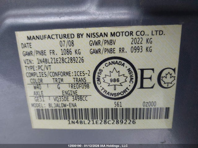 Aukcja sprzedaży 2008 Nissan Altima 3.5 Sl, vin: 1N4BL21E28C289226, numer aukcji: 12500190