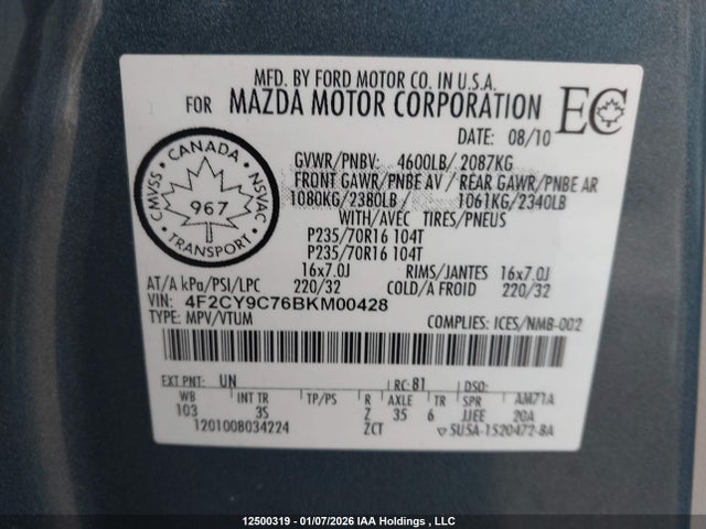2011 Mazda Tribute Gx I4 მანქანა იყიდება აუქციონზე, vin: 4F2CY9C76BKM00428, აუქციონის ნომერი: 12500319