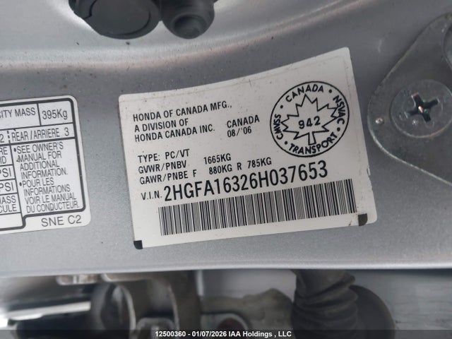 Aukcja sprzedaży 2006 Honda Civic Dx-g, vin: 2HGFA16326H037653, numer aukcji: 12500360